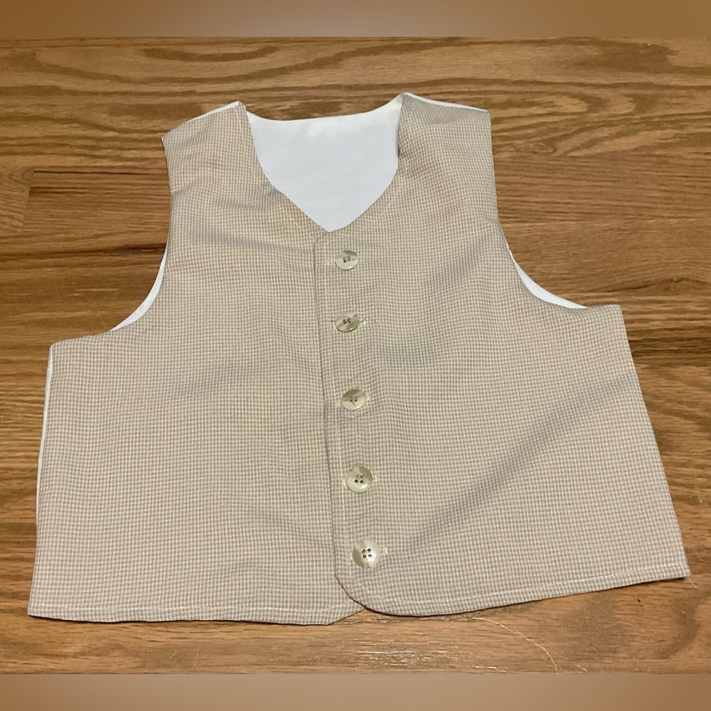 Kids Tan Checkered Button Down Vest. Polyester and Cotton